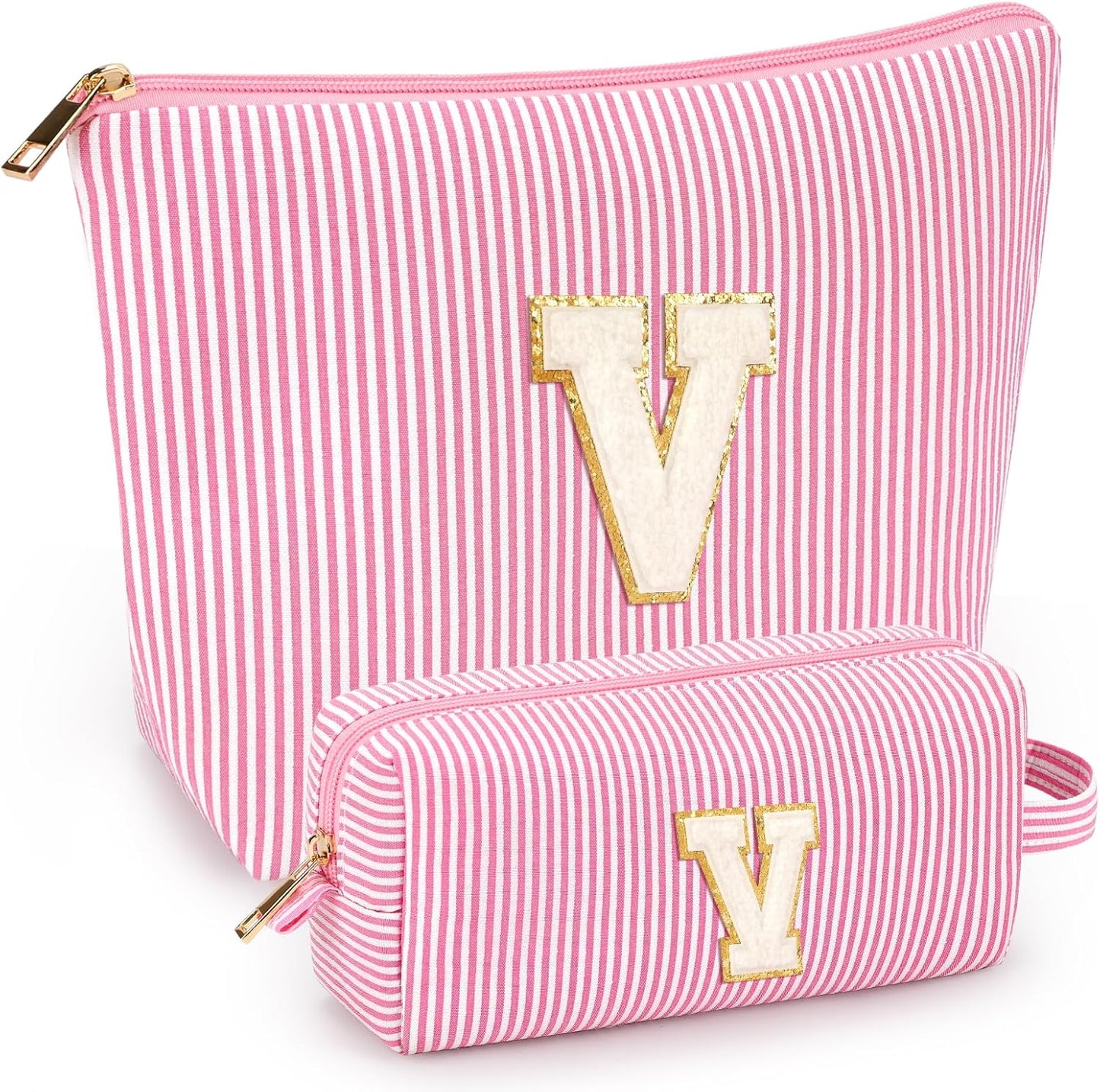 2 PCS Initial Makeup Bags for Women: Cosmetic Bag for Travel Toiletry - Birthday Gifts for 11 12 13 14 15 16 17 18 Years Old Girl Graduation Teacher Gift- Teen Girl Gifts Trendy Stuff - Pink V