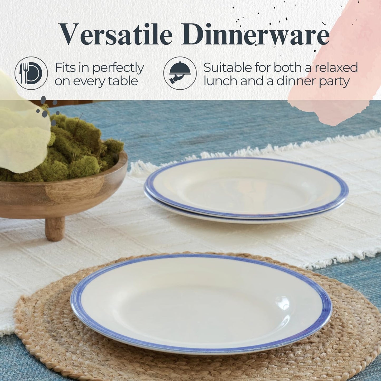 Portmeirion Potter's Brushstroke Dinner Plate (Set of 4) - 10.5" Earthenware Plates with Classic Brushstroke Rim - Microwave, Dishwasher, Freezer, Oven Safe - Ideal Modern Dinnerware Set (Blue)