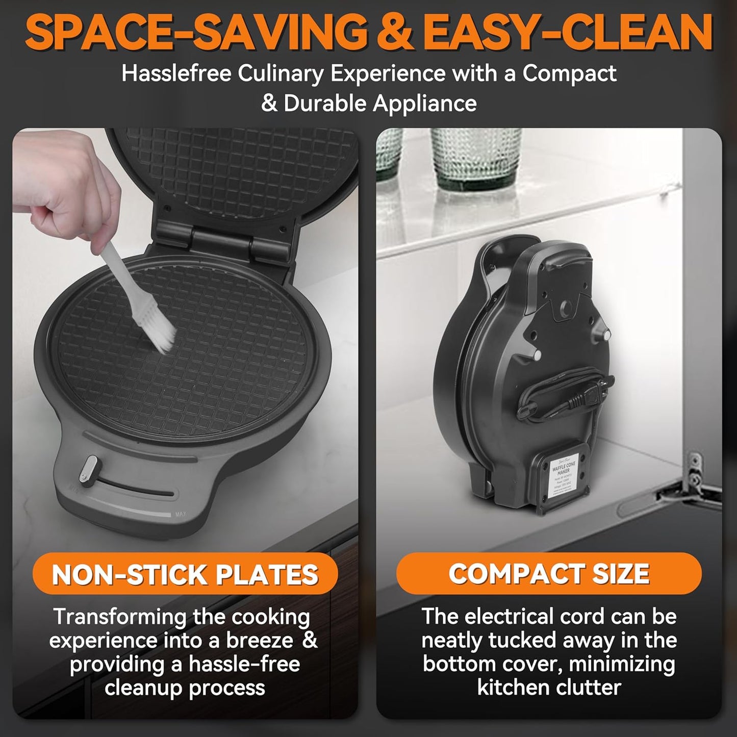 Baker's Friend Waffle Cone Maker Machine with Browning Control, Nonstick Waffle Bowl Maker, 7.5” Ice Cream Cone Maker, Thin Waffle Maker Crispy, Cone Roller & Bowl Press Included, Graphite