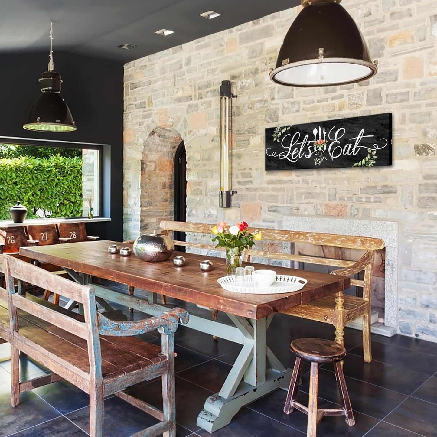 KREATIVE ARTS Farmhouse Kitchen Wall Art - Let's Eat Sign Poster - Black Marble Canvas Prints - Ready to Hang 12x36'' Painting for Dining Room and Kitchen Decor