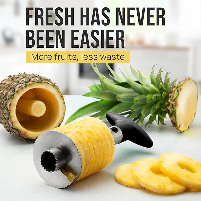 Zulay Kitchen Stainless Steel Pineapple Corer & Slicer – Heavy-Duty Pineapple Cutter with Reinforced Blade & Eye Removal Tool – Effortless Pineapple Core Remover & Slicer - Black