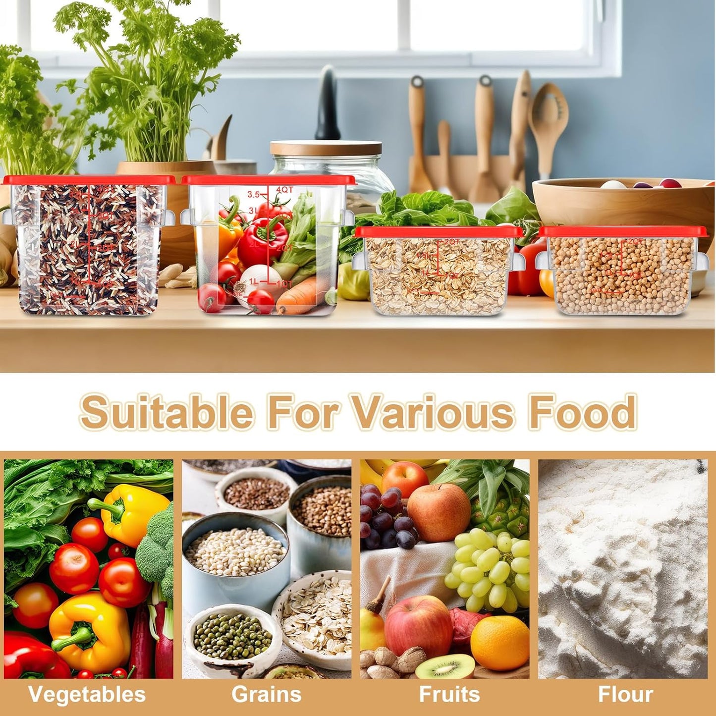 Barydat 4 Pcs Food Storage Container with Lids 2Qt and 4Qt Square Commercial Containers with Scales and Handles Polycarbonate Clear Food Storage for Kitchen Proof Dough Marinating Meat(Red)