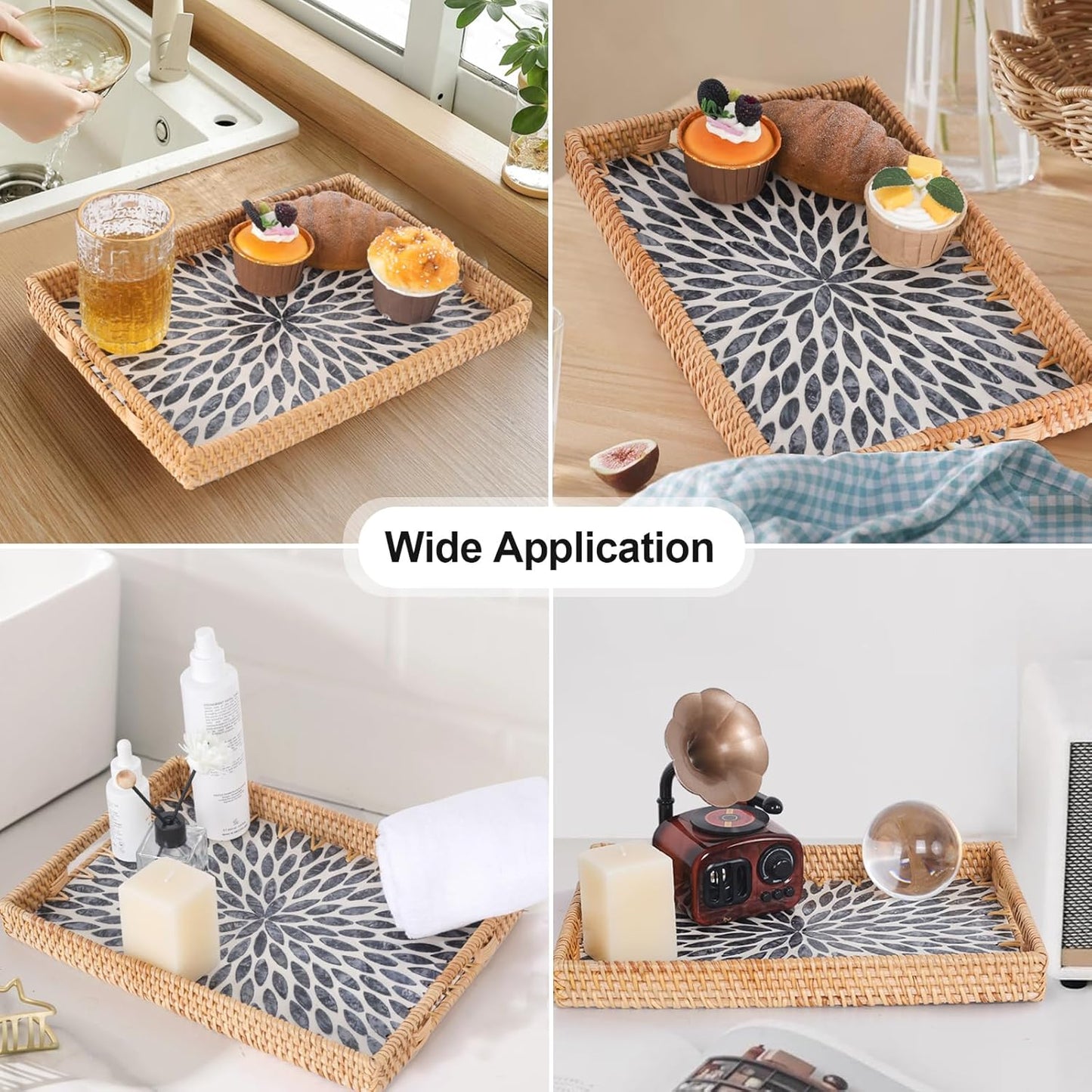 Rectangle Rattan Tray with Mother of Pearl Inlay, Rattan Serving Tray with Handle for Coffee, Bread, Fruits, Snacks, Decorative Wicker Tray for Table Decor (Rectangle Dark Blue Leaf, 13"×9")