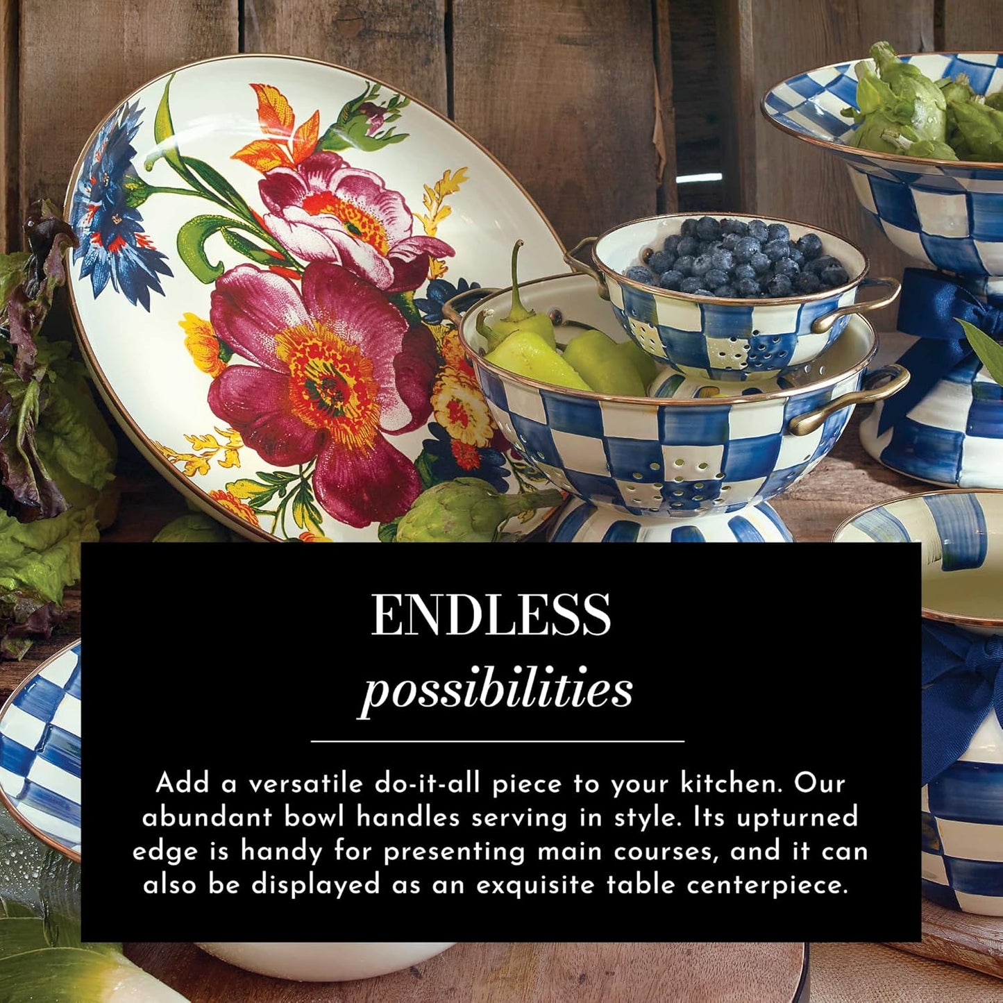 MACKENZIE-CHILDS Enamel Abundant Bowl, Decorative or Serving Bowl, 13-Cup Capacity, White Flower Market