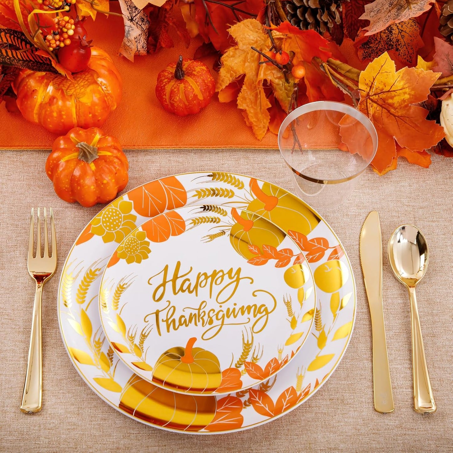 KIRE 150PCS Thanksgiving Plates Dinnerware Pumpkins - Plastic Thanksgiving Plates with Gold Silverware Include 25 for Dinner 25 for Salad 25Forks 25Knives 25Spoons 25Gold Cups