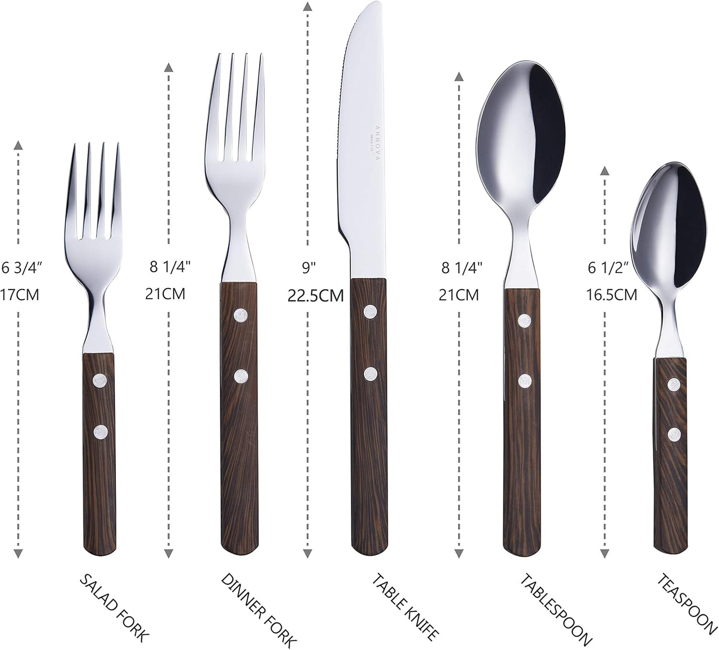 ANNOVA 20 Piece Silverware Set, Service for 4, Stainless Steel Retro/Rivet Walnut Wood Tableware Kitchen Flatware Set Utensils, Includes Dinner Knives, Forks, Spoons, Salad Forks & Dessert Spoons