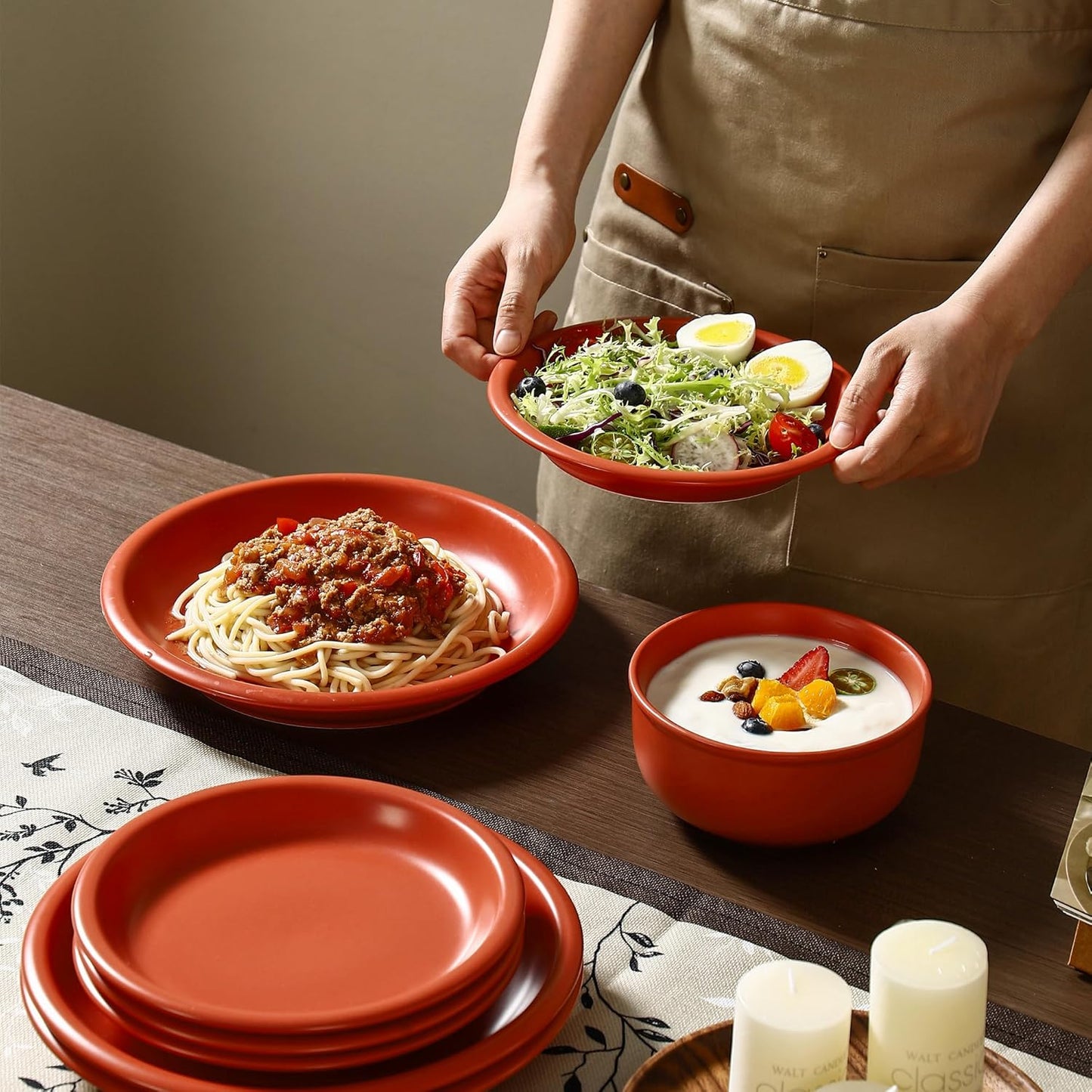 GZG Vintage Series - Ceramic Dinnerware Set for 2, 6 Pieces Stoneware Plates and Bowls Set, Lead-Free, Handcrafted Dishes Set, Microwave & Dishwasher Safe - Terracotta Red