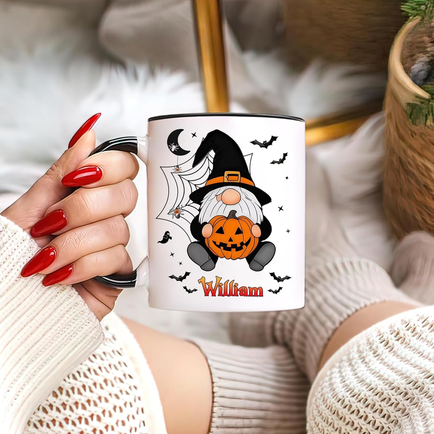Hyturtle Custom Halloween Gnome Mug with Name – Pumpkin Witch Gnome Coffee Cup – Personalized Spooky Season Gift for Women – Halloween Decor – 11oz Ceramic Mug