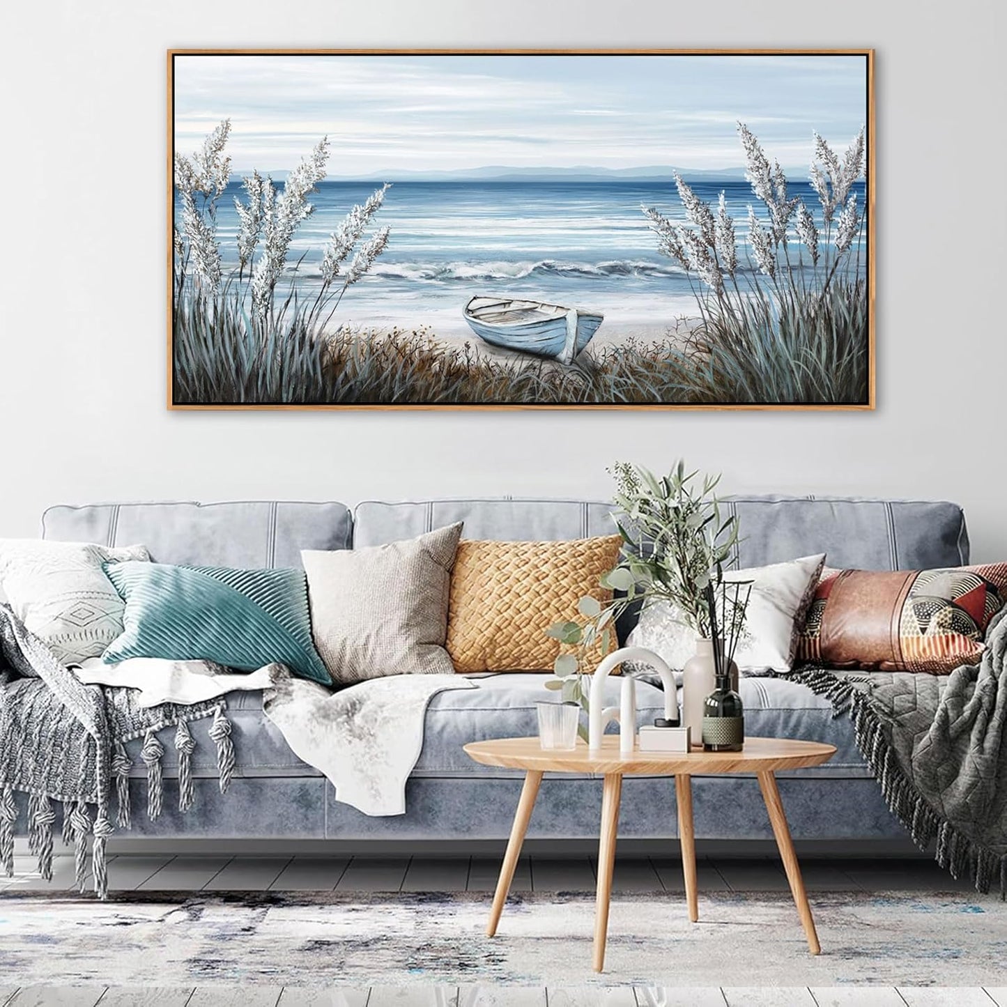 AJAZIKO Beach Vintage Wall Art Pictures for Living Room Coastal Artwork for Walls Ocean Bedroom Wall Decor Above Bed Landscape Beach Canvas Wall Art Featuring Boat, Farmhouse, Seascape 24×48IN