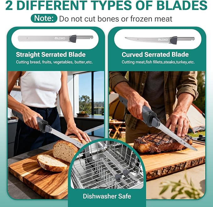VLOXO Cordless Electric Knife, Rechargeable Electric Carving Knife with 2 Ti-Nitride S.S. Coated Non-Stick Blades Non-Slip Handle Safety Lock Electric Knives for Meat Slicing Fish Fillet Bread Turkey