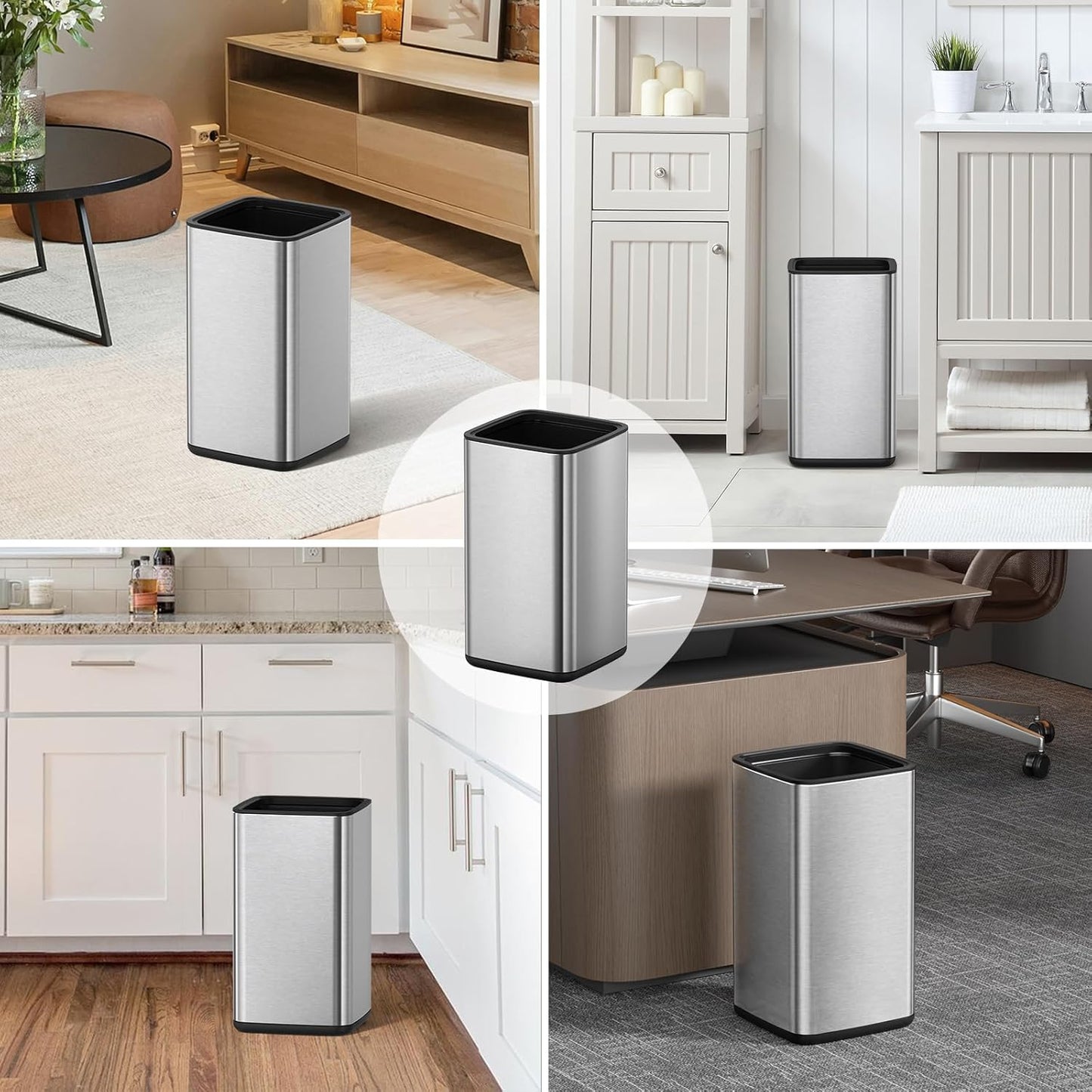 Mbillion 4 Gal/15L Open top Trash Can with Removable Inner Bucket Small Waste Basket, Metal Trash Can for Bathroom Office,Stainless Steel