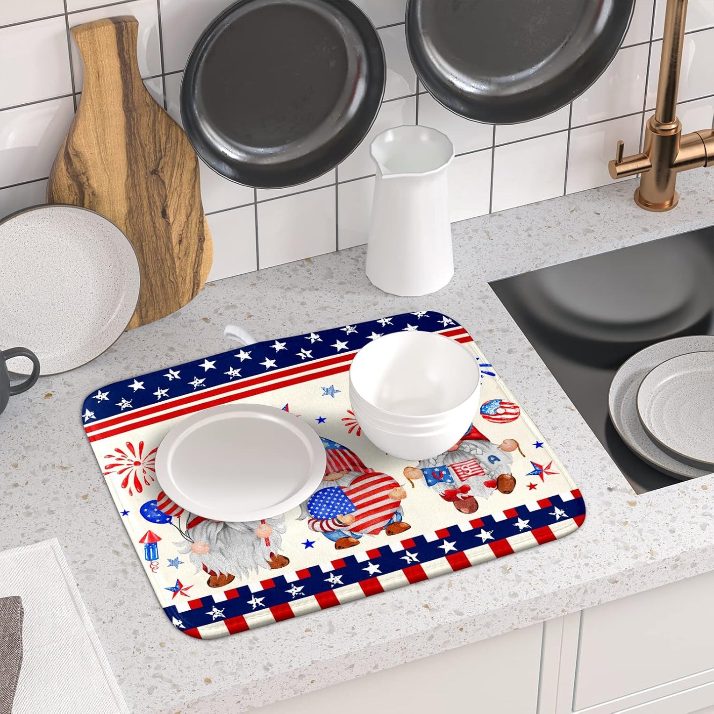 American Gnomes Dish Drying Mat 16x18 for Kitchen Counter, Patriotic Independence Day Decor, Happy 4th of July Microfiber Dishes Drainer Mats Absorbent Foldable Holiday Decor