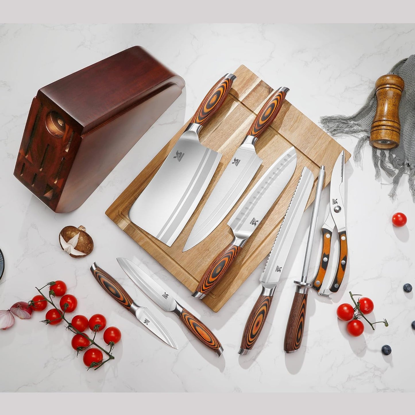 MSY BIGSUNNY 9pcs Knife Block Set, German Steel Kitchen Knife Set with Bone Chopper, Precious Pakkawood Handle for Chef Knife Block Set