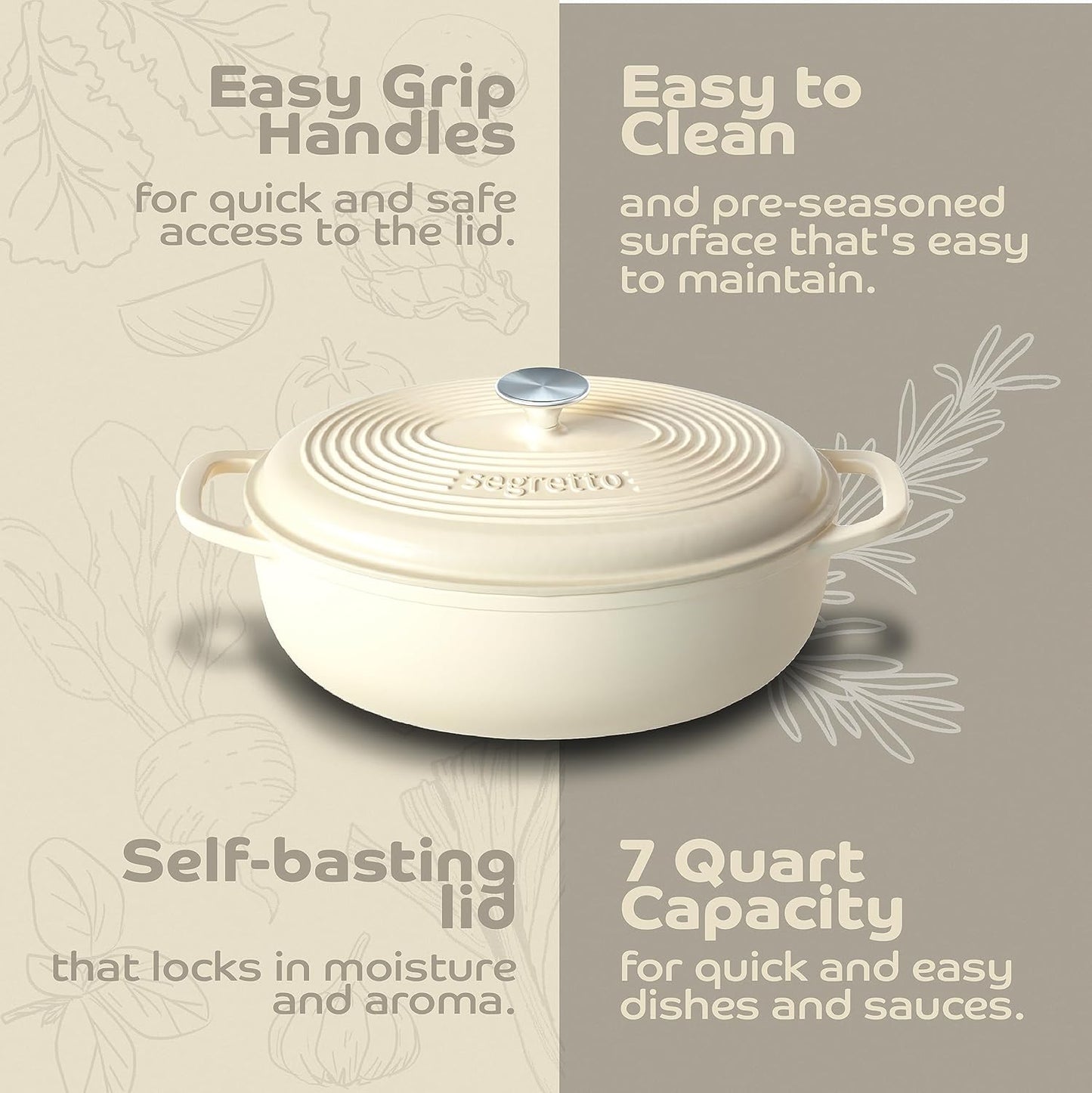 Segretto Cookware Enameled Cast Iron Oval Dutch Oven, 7 Quarts White