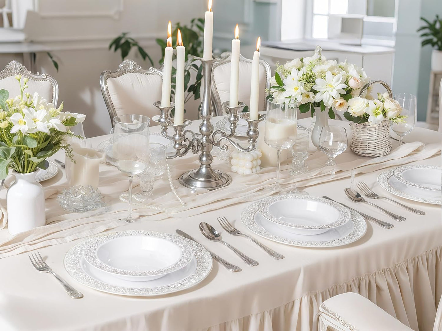 I00000 100 Silver Plastic Bowls, 12 oz Disposable Bowls, Disposable Lace Christmas Thanksgiving Trim, Premium Heavy Duty Plastic Bowl for Party