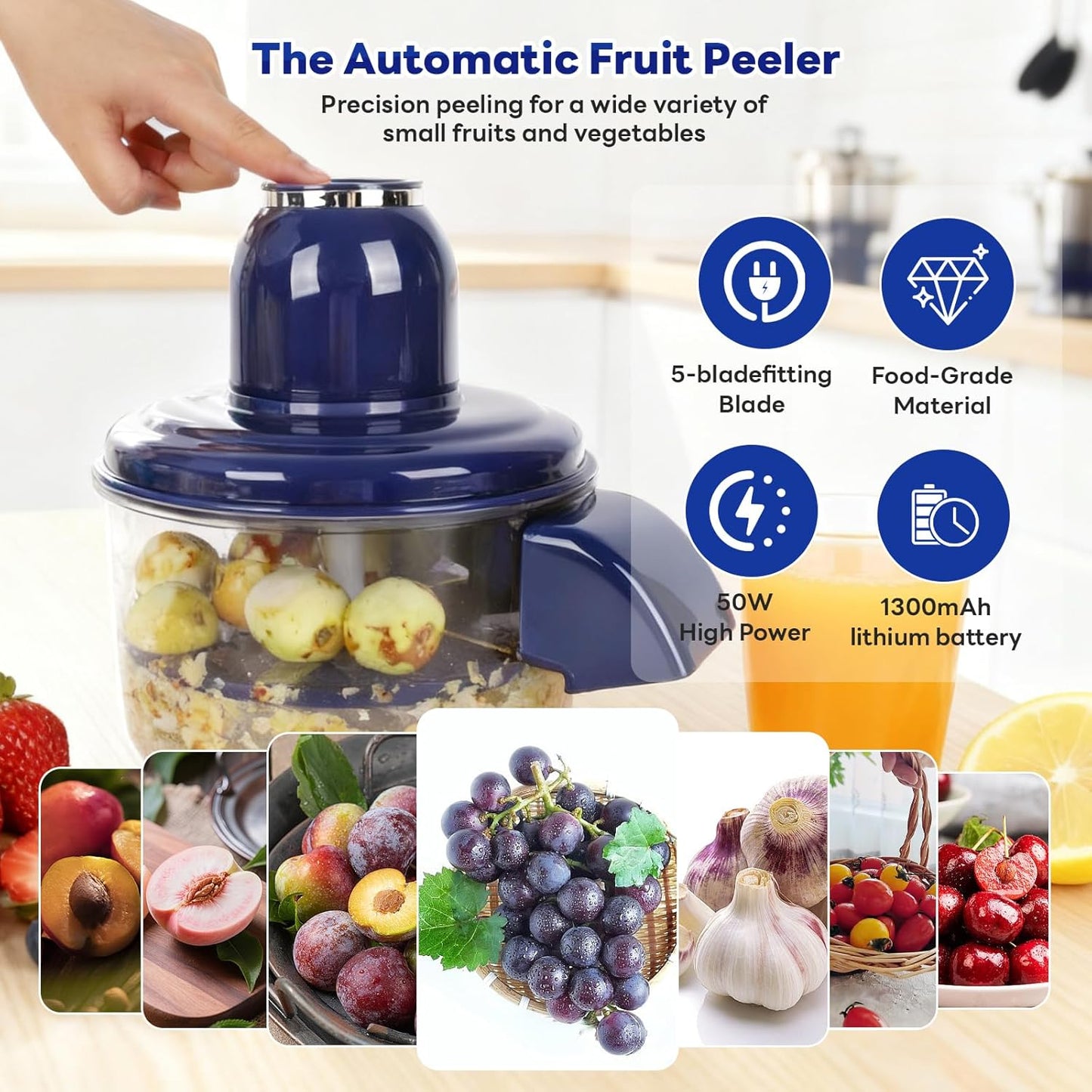 Automatic Grape Peeler Machine, Electric Garlic & Cherry Tomato Peeler Skin Remover Tool for Small Fruits, Effortless Peeling for Home Kitchen (Blue-1PC)