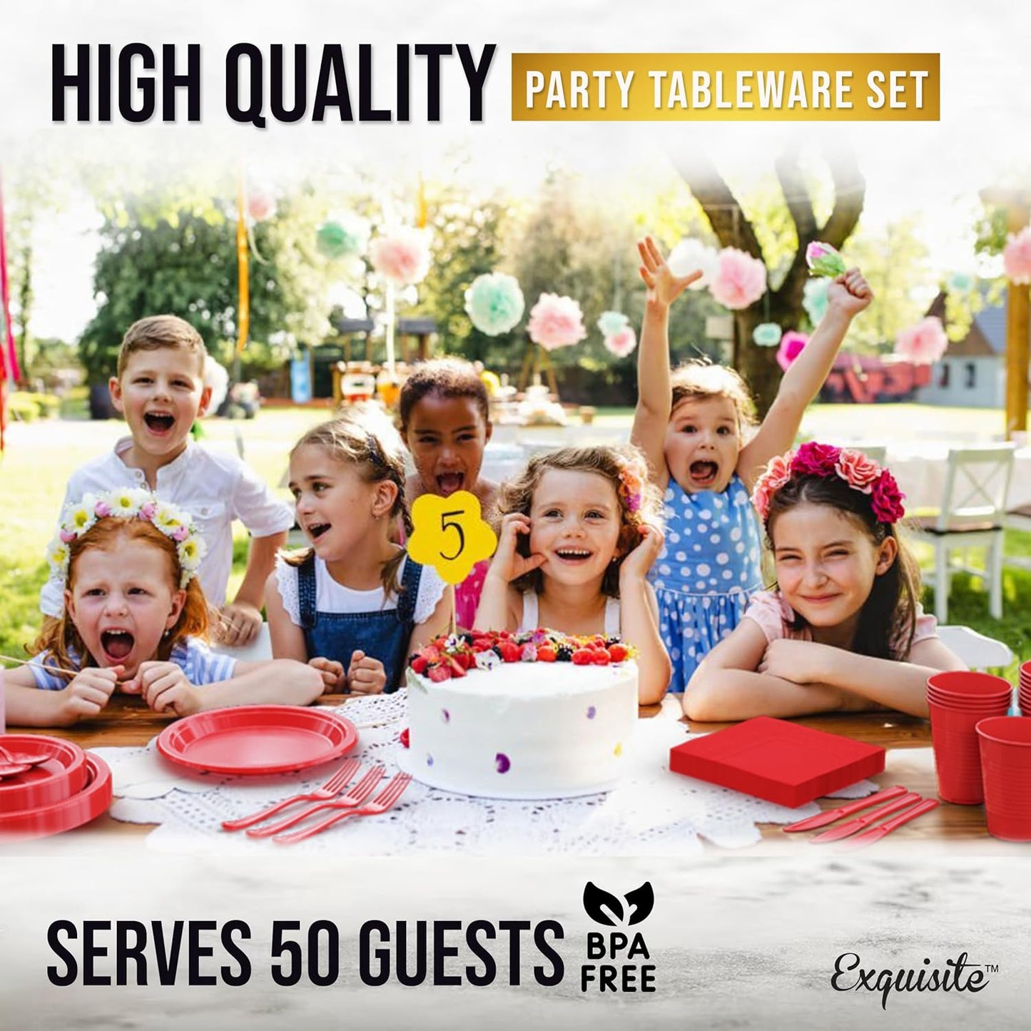 Party Solids 350 Pieces Red Plastic Plates For Party, Red Disposable Plates Set, 50 Of Each 9" Dinner Plate Set, 7" Dessert Plate, Cups, Napkins & Cutlery Plastic Dinnerware