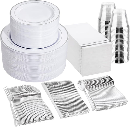 GATHER 700PCS Silver Plastic Plates - Silver Plate Set 100Guest - Disposable Dinnerware Sets 100Silver Rim Dinner Plates 100Silver Dessert Plate 100Paper Napkins&Cups&silver Plastic Silverware Set