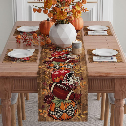 XCHI Fall Football Pumpkin Wood Table Runner Table Decoration for Kitchen Dining Dinner Autumn Home Decor 13x108 Inch
