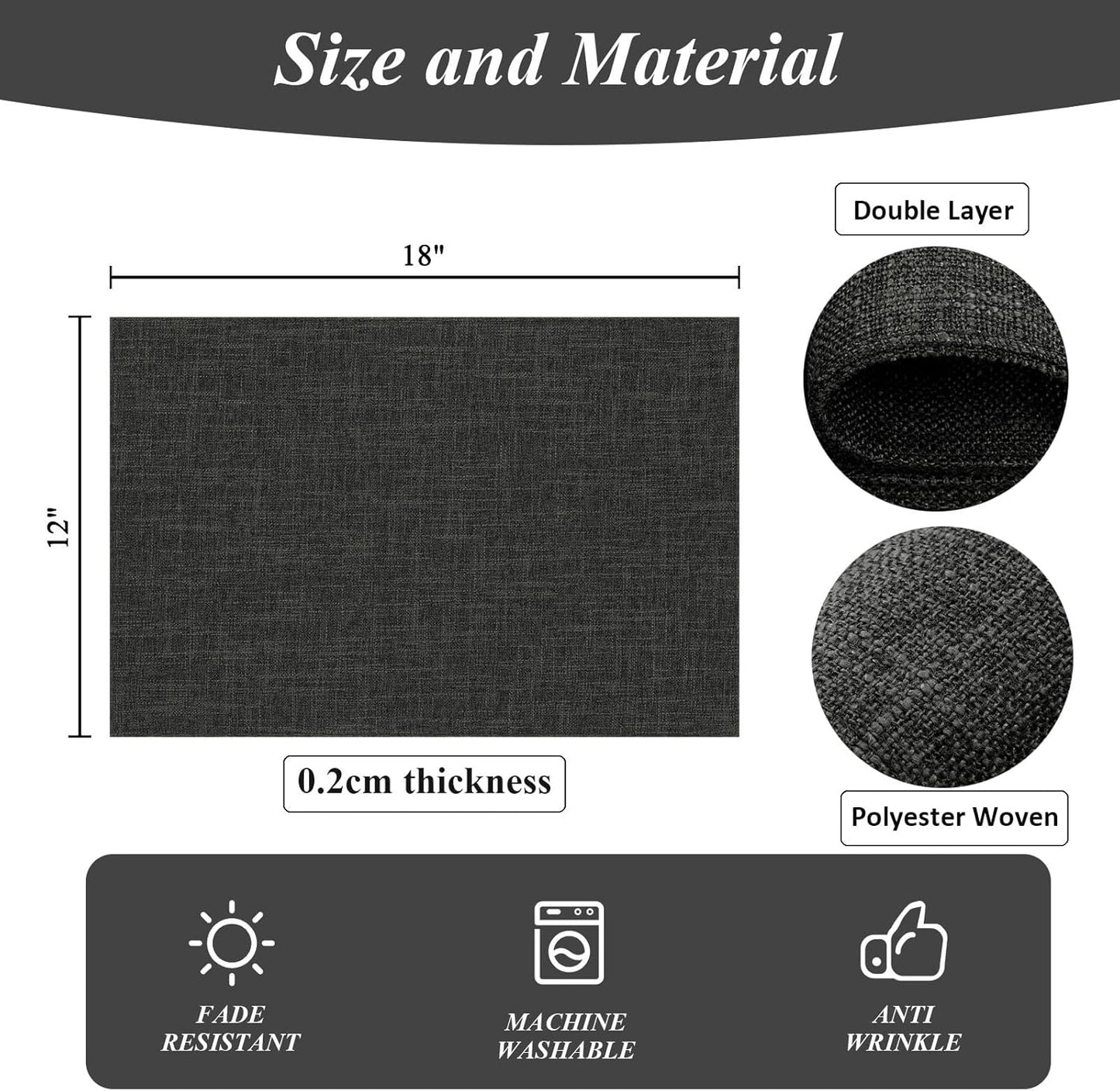 SHACOS Washable Cloth Placemats Set of 4 Cotton Linen Double Layer Thickened Machine Washable Table Mats Non Slip Heat Resistant Fabric Place Mats for Dining Table, Black
