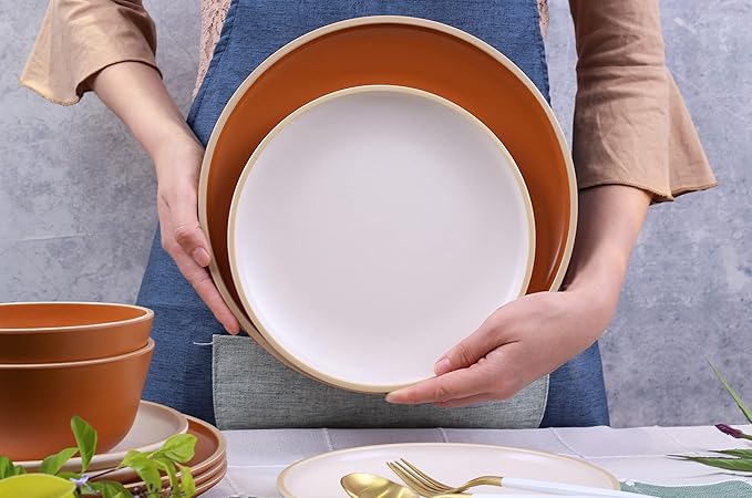 Melamine Dinnerware Sets 12pcs, Plates and Bowls for 4, Unbreakable Dinnerware Sets, Ideal Dinnerware for Party, Unbreakable, BAP free, Dishwasher Safe, Red Color (Terracotta Color)