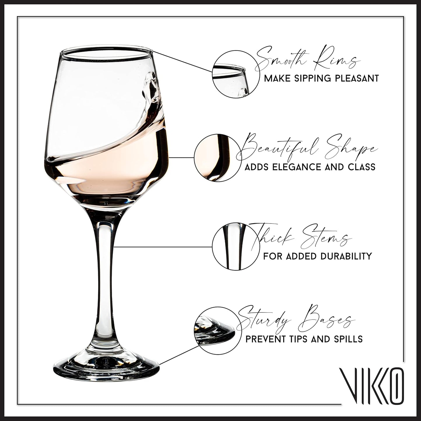 Vikko Stemmed Wine Glasses Set of 6 - 10.5 Oz White and Red Wine Glass, Thick and Durable