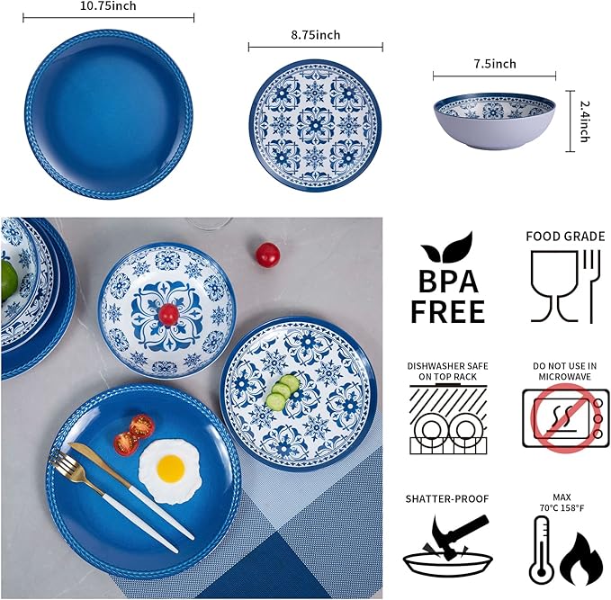 Melamine Dinnerware Set -12pcs Outdoor and Indoor Plates and Bowls Set ,Service for 4, Dishwasher Safe, Blue Flower