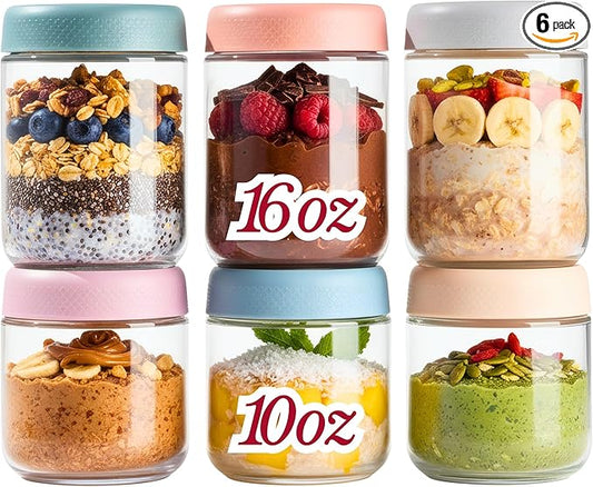 CATIFLIN 6-Pack Overnight Oats Containers with Lids, 16oz & 10oz Glass Mason Jars, Airtight Wide-Mouth Food Storage Containers for Meal Prep, Yogurt, Salad, Snacks, Chia, and Baby Food