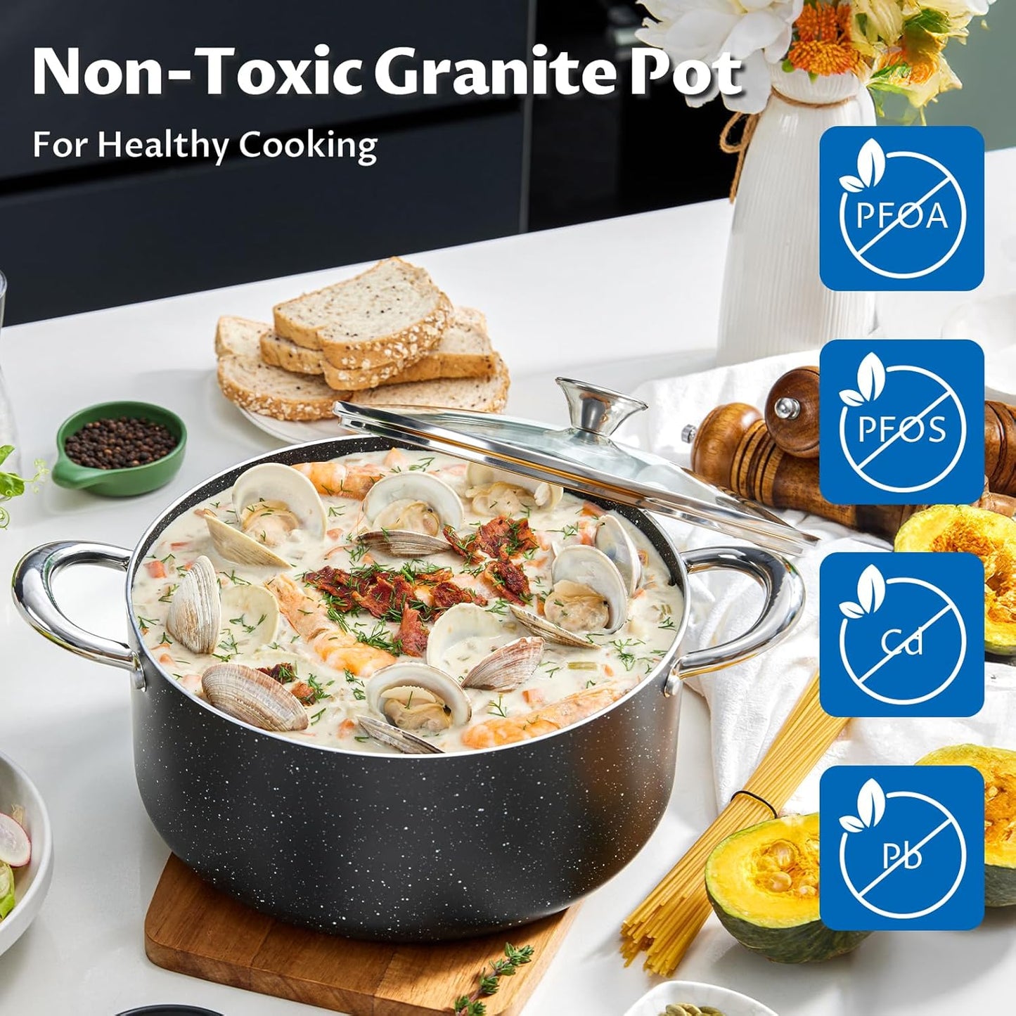 BEZIA Large 12 Quart Nonstick Stock Pot with Lid, Induction Cooking Pot Soup Pot, Non-toxic and Oven Safe, Perfect for Stews, Soups and All Stovetops, PFOA PFAS Free