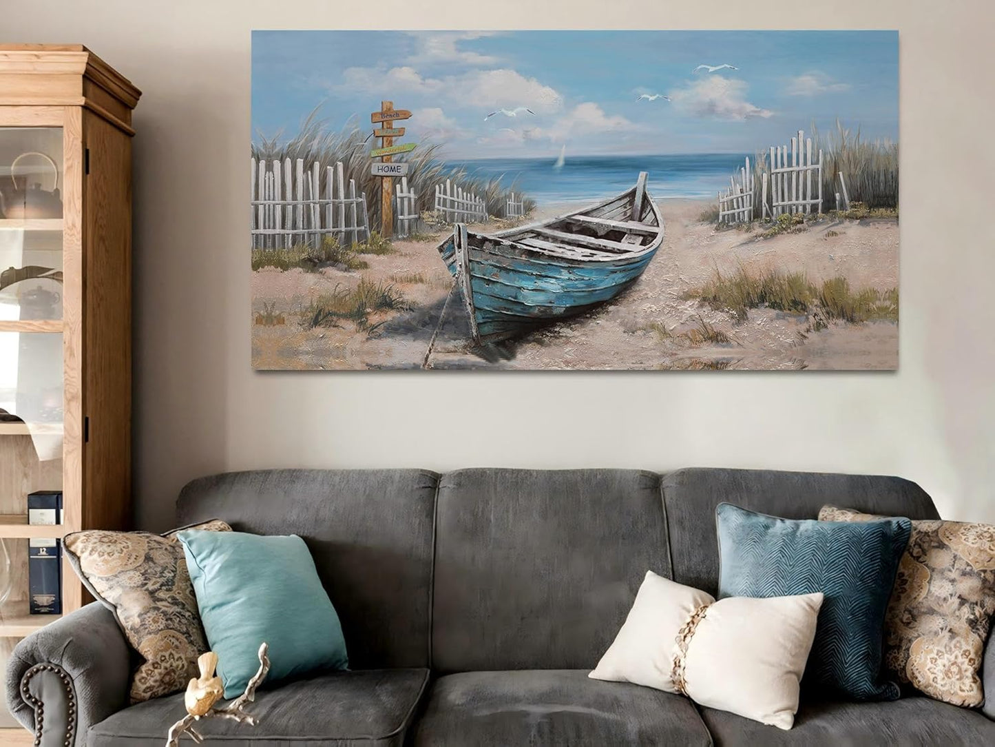 Ardemy Boat Canvas Wall Art for Living Room Large Teal Bedroom Pictures Wall Decor Textured Beach Paintings Artwork Dining Room Home Office Kitchen, 58"x29"