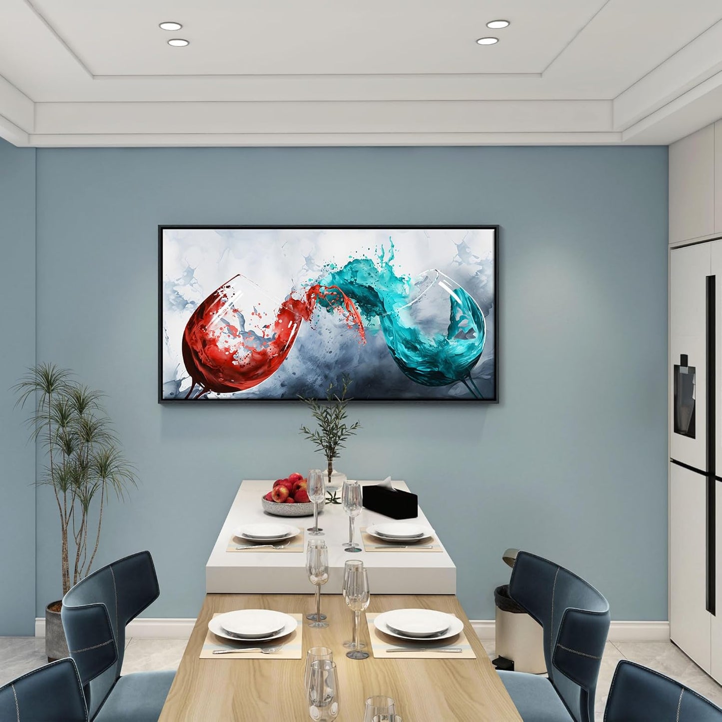 Framed Blue & Red Wine Glass Collisions Canvas Art | 24x48 inches | Modern Kitchen & Dining Room Decor | Abstract Wine Cup Painting | Contemporary Bar & Living Room Wall Art | pictures wall decor