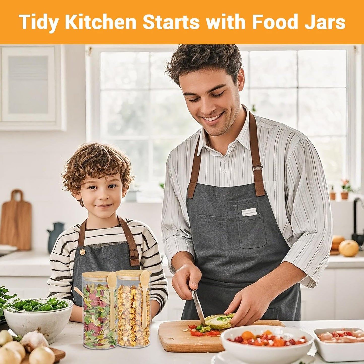 Glass Jars with Bamboo Lids and Spoon - 2 Pack 44 Fl.oz Round Pasta Storage Containers with Airtight Lid, Includes Labels, Marker and Brush, Large Kitchen Pantry Canisters for Rice, Noodles