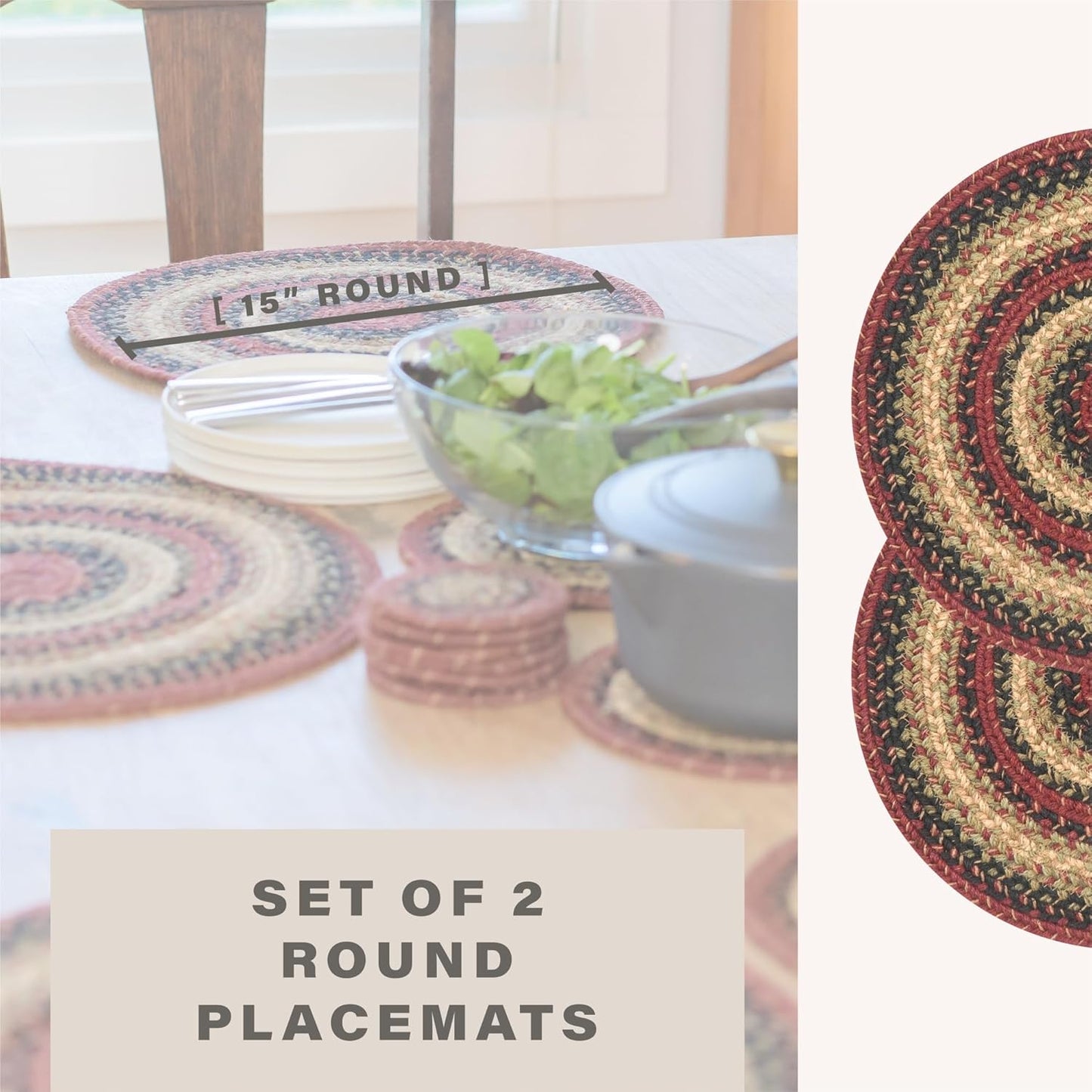Homespice Highland Round Braided Placemats, Warm Lodge and Cabin Decor, Set of 2, 15" Multicolor Jute Table Mats - Vibrant Colors, Durable, Easy to Clean and Protects Furniture