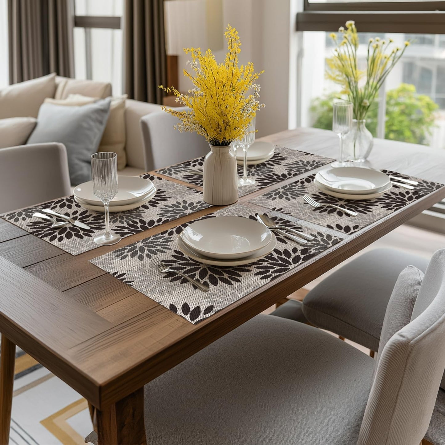 Artoid Mode Floral Vinyl Placemats Set of 6, Heat Resistant Washable Non-Slip Plistic PVC Place Mats for Party Kitchen Dining Decor, Black