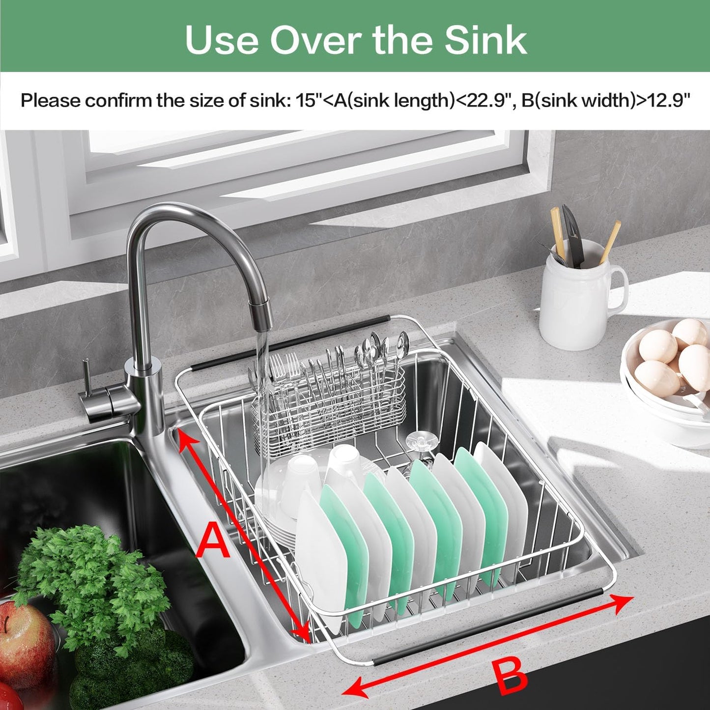 Large Sink Dish Drying Rack, Expandable 304 Stainless Steel Metal Dish Drainer Rack Organizer Shelves with Stainless Steel Utensil Holder Over Inside Sink, Rustproof
