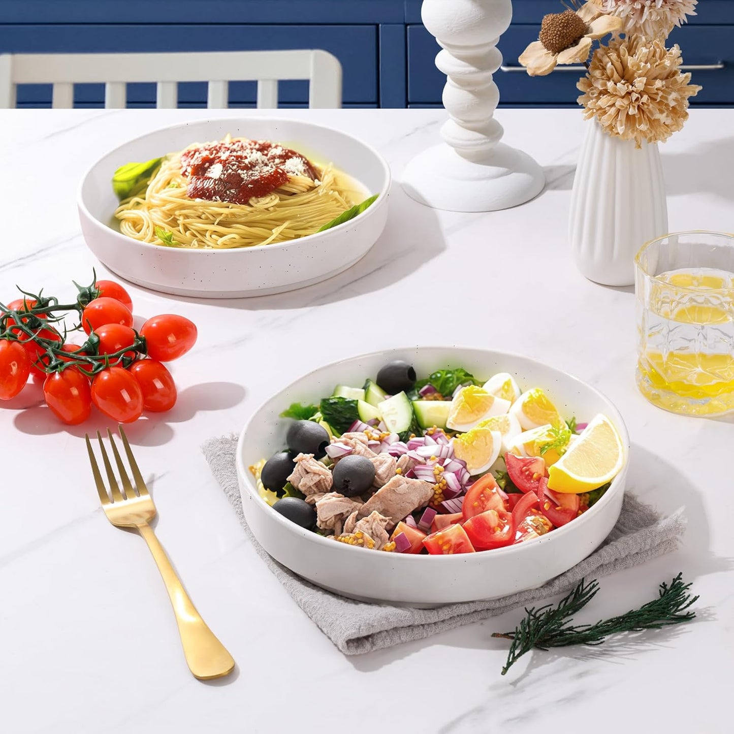 E-far Pasta Bowls Set of 4, 30oz Shallow Salad Bowls for Dinner Serving, 8.25" Stoneware Ceramic Bowl Plates for Noodle Soup, Microwave & Dishwasher Safe, Glossy Porcelain, Speckled White