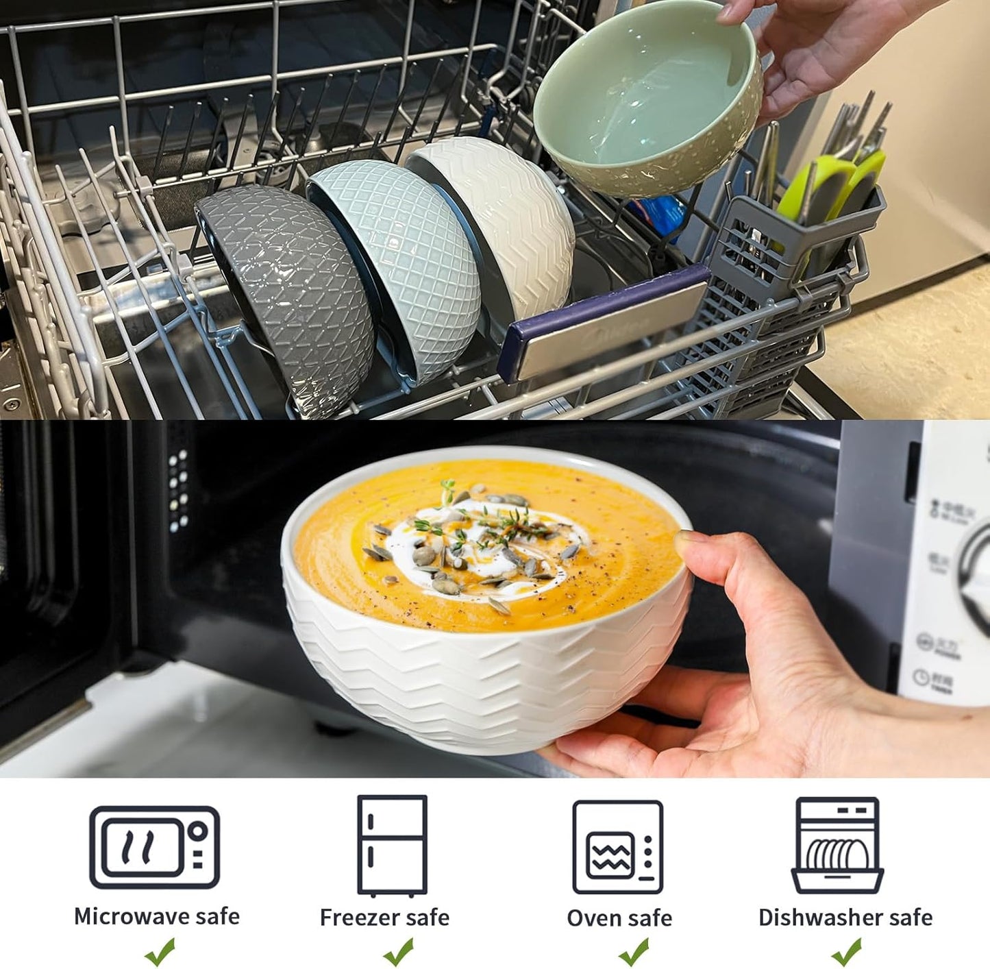 Hasense Soup Bowls 20 OZ, Ceramic Bowls Set of 4 for Kitchen, Stoneware Porcelain Cereal Bowls for Soup, Cereal, Oatmeal, Fruit, Salad, Noodle and Rice, Microwave Dishwasher Safe, White