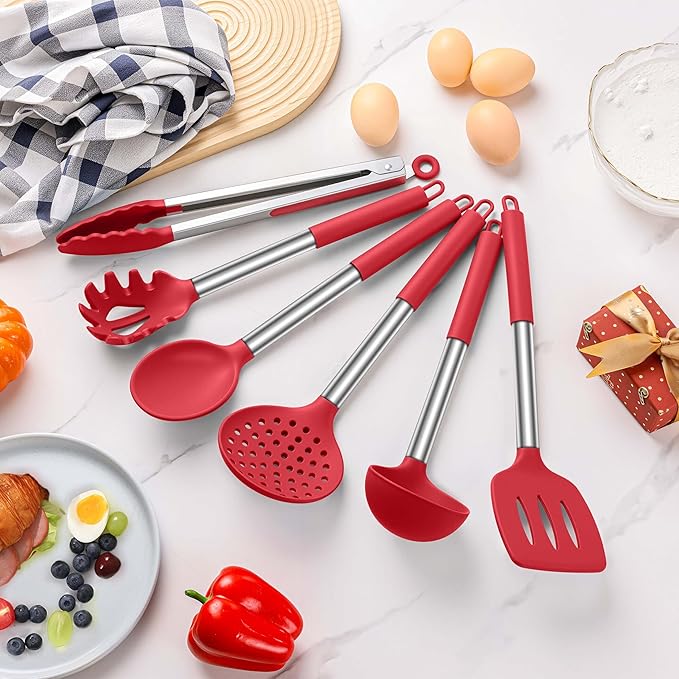 LIANYU Kitchen Cooking Utensils Set, Silicone Cooking Utensils Set of 6, Heat Resistant Kitchen Spatula Gadgets Tools for Nonstick Cookware, Stainless Steel Handle, Dishwasher Safe, Red