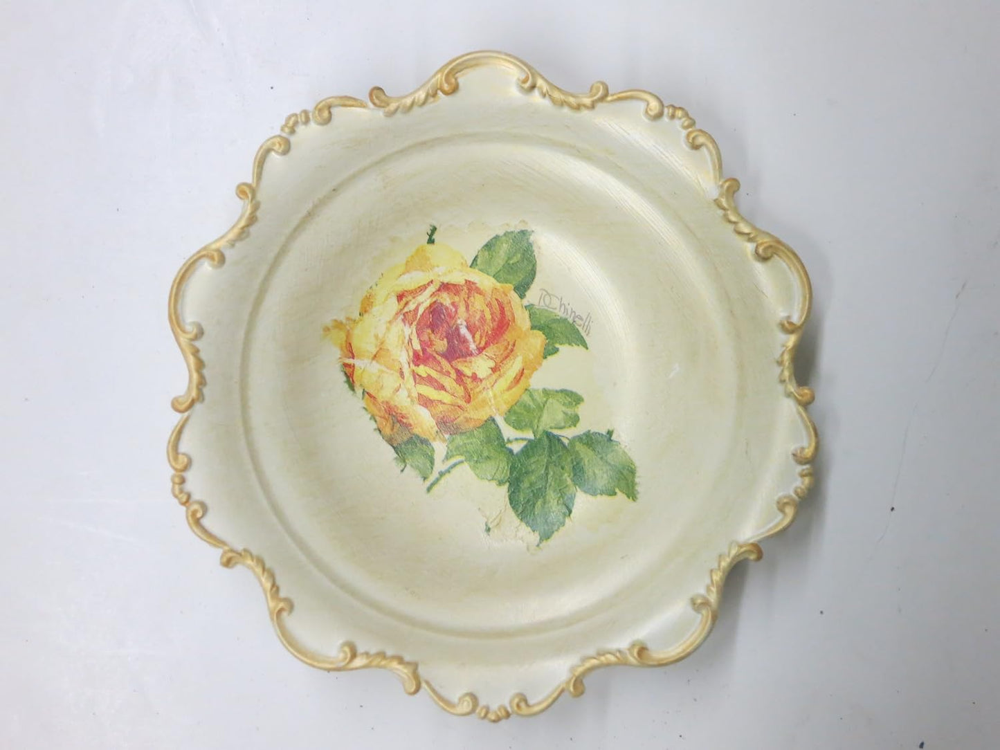 GAC Italian Hand Painted 'Country Flowers' Small Decorative Serving Bowl - Nut Bowl, Candy Dish, Centerpiece Bowl - Brass - Limited Edition 7"