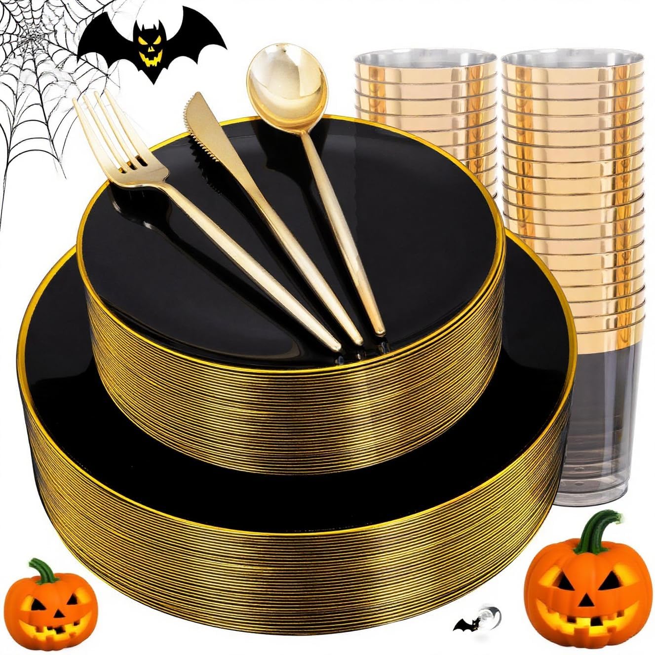 EI 180pcs Black Plastic Plates Black and Gold Disposable Plates Gold Plastic Dinnerware Set Silverware and Cups for Birthday,Wedding,Festival,Party Graduation,Halloween