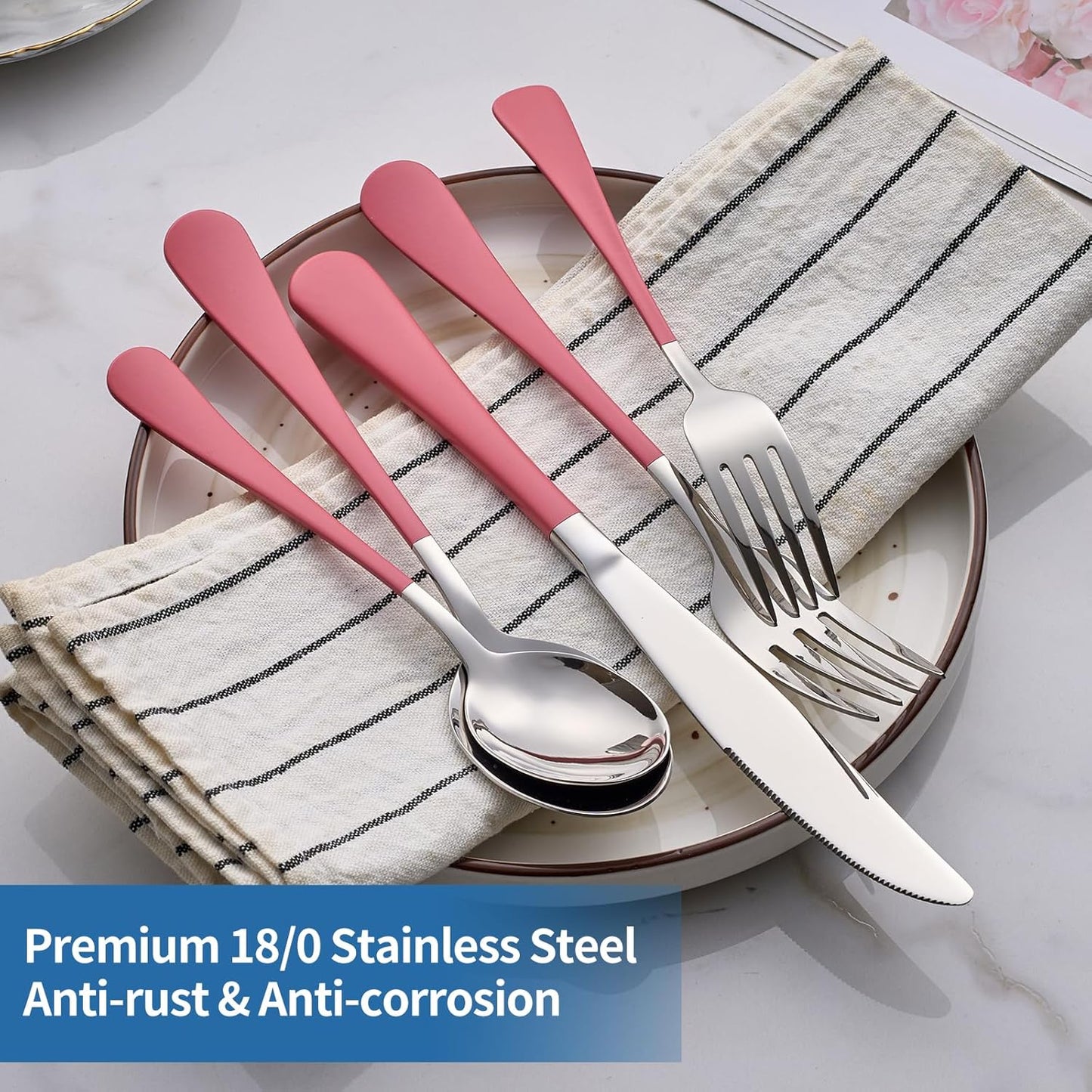 20-Piece pink Silverware Set, 18/0 Stainless Steel pink Handle Flatware Set, Service for 4, Modern Cutlery Set Includes Dinner Knives Forks Spoons, Mirror Polished, Dishwasher Safe