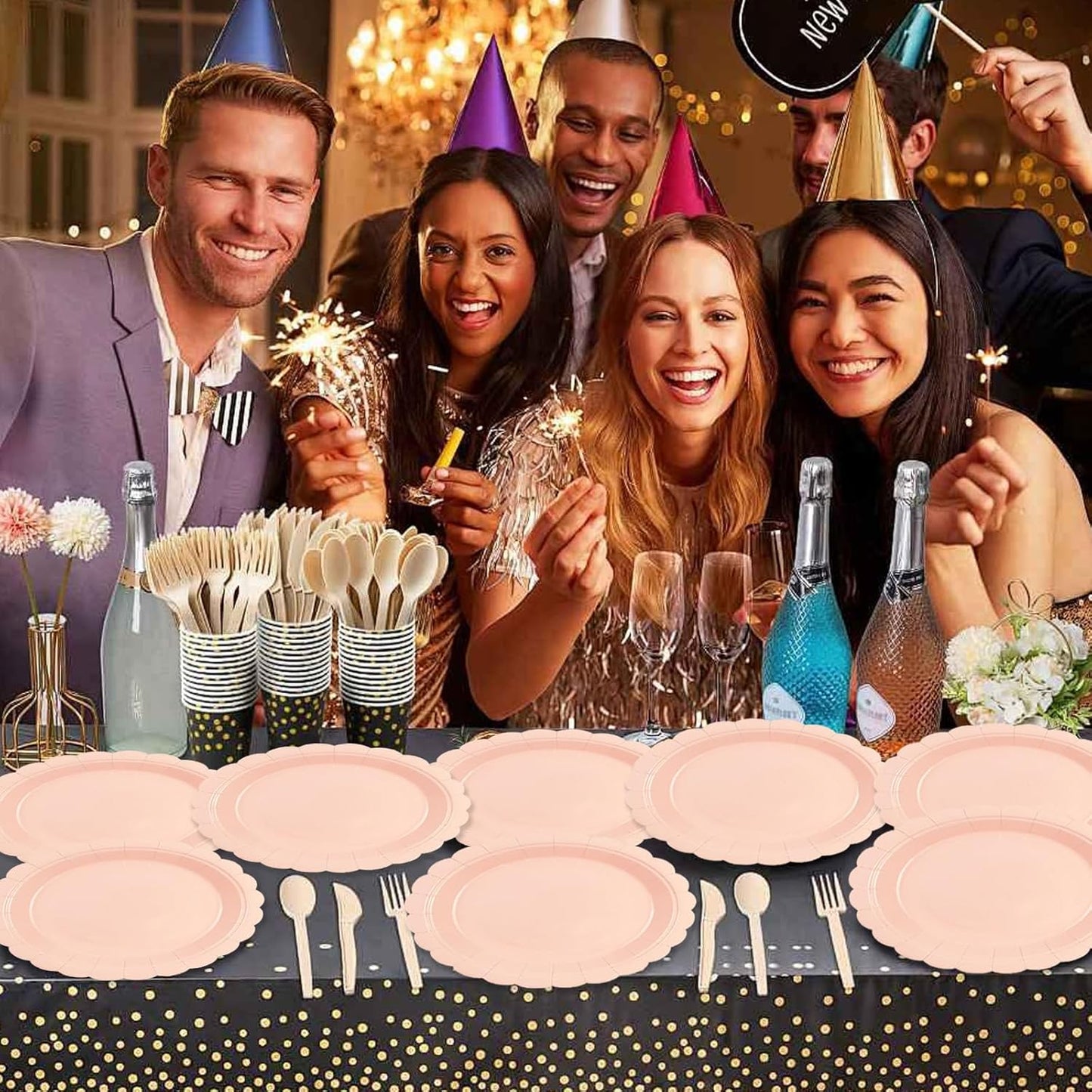 50Pcs Pink Paper Plates-7 Inch Solid Color Scalloped Disposable Birthday Dinnerware Set Disposable Dinner Party Supplies for Wedding Baby Shower Fall Pininc Birthday Table Decor