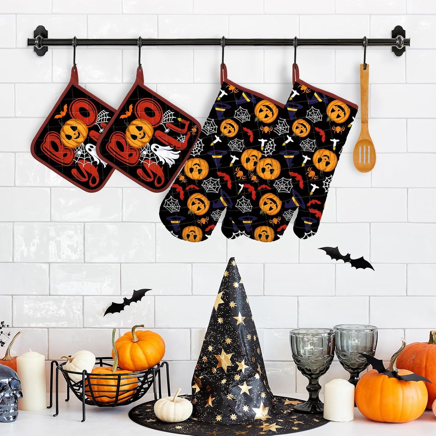 Halloween Pumpkin Oven Mitts and Pot Holders Sets 4Pcs, 100% Cotton Heat Resistant, Extra Long Oven Gloves Potholder for Kitchen Cooking Baking Decoration