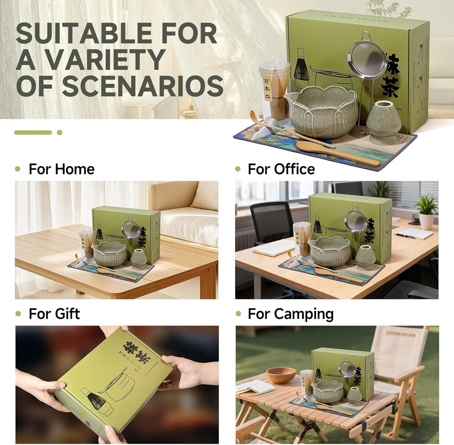 Matcha Whisk Set with Ceramic Bowl - Bamboo Whisk (Chasen), Scoop, Sifter & Holder - Complete Kit for Traditional Matcha Tea - Unique Gifts for Tea Lovers (Celadon Lotusl)