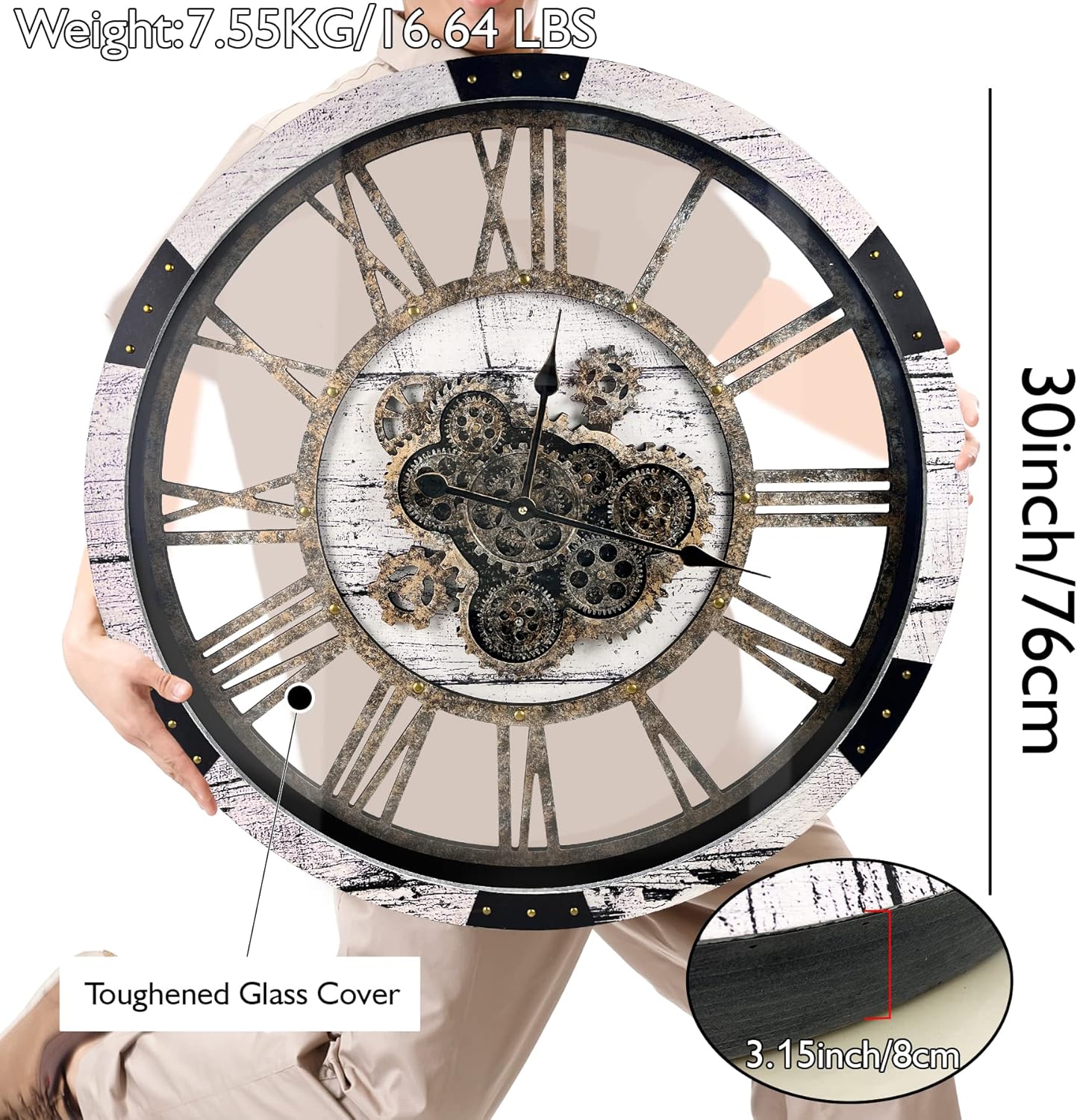 DORBOKER 30" Large Wall Clock Moving Gears,Oversized Industrial Rustic Farmhouse Clocks for Living Room Decor Office Home, Solid Wood Retro Metal HD Tempered Glass Cover, White Grey