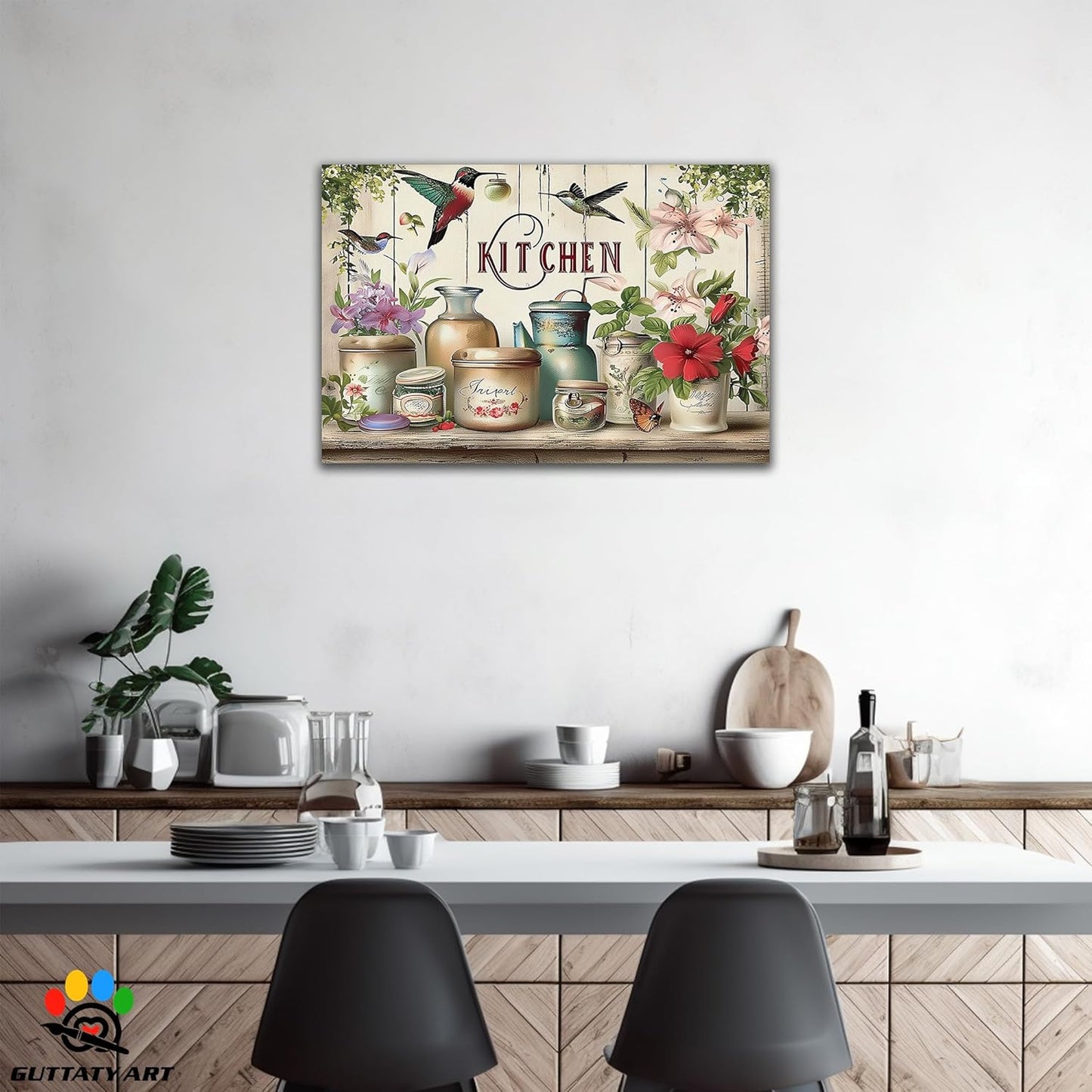 GUTTATY Farmhouse Wall Art Rustic Kitchen Decor, Ready to Hang Kitchen Canvas Print Flowers And Bird,Vintage Posters Prints for Dinning Room Home Kitchen Restaurant Painting 24×36 Inch