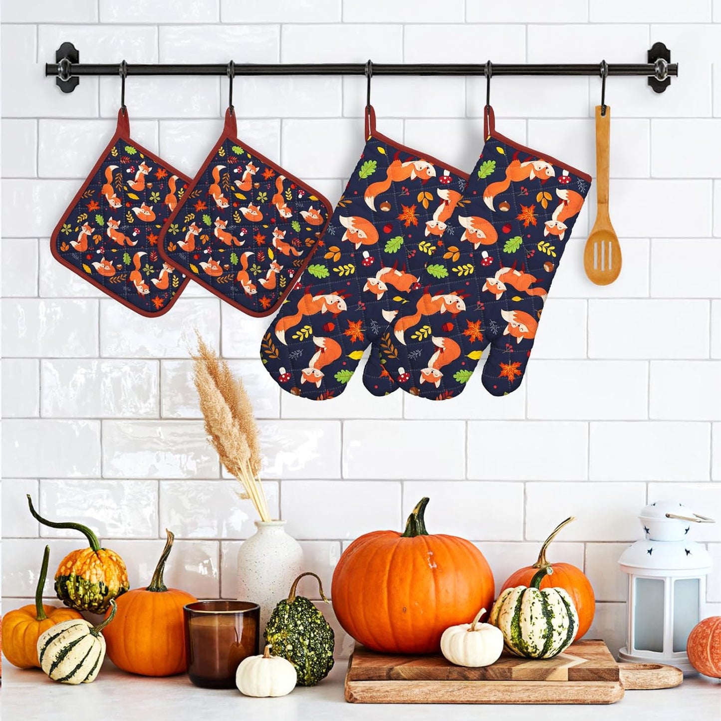 Fox Leaf Oven Mitts and Pot Holders Sets 4Pcs, 100% Cotton Heat Resistant, Extra Long Oven Gloves Potholder for Kitchen Cooking Baking Decoration