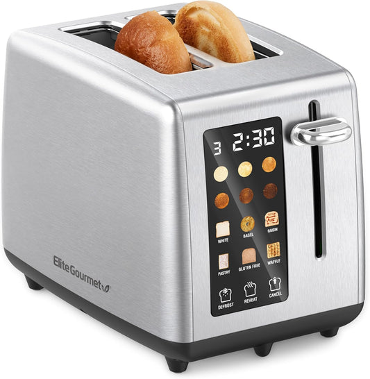 Elite Gourmet ECT2899 LCD Touch Toaster, 2 Extra-Wide Slots, 6 Toast Shades, 6 Preset Menus Including Bagel Waffle Gluten-Free, Defrost Reheat Cancel Functions, Stainless Steel