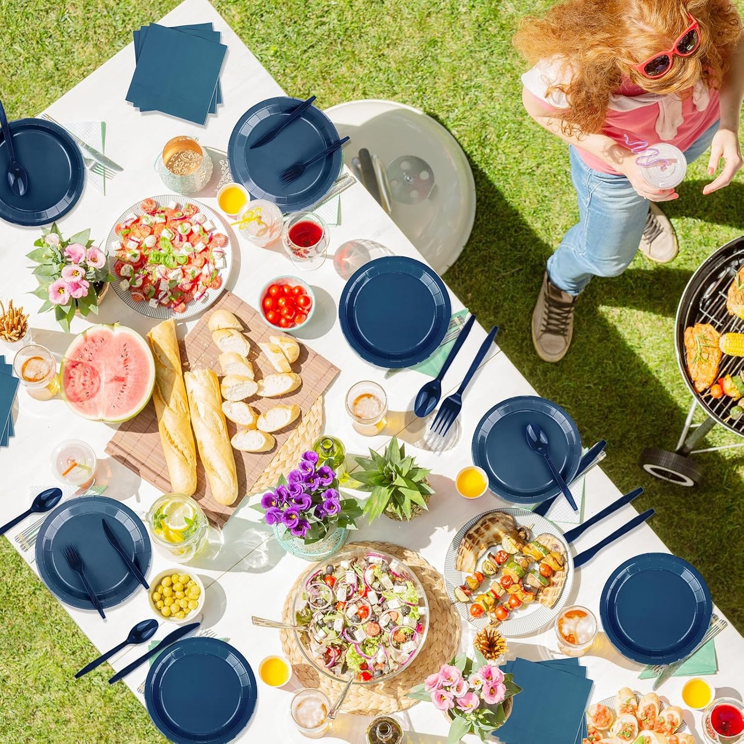 TWOWYHI 228PCS Navy Blue Party Supplies Set Include Paper Plates Cups Paper Napkins Plastic Spoons Forks Knives for 30 Guests Disposable Party Dinnerware for Birthday Wedding Family Picnic