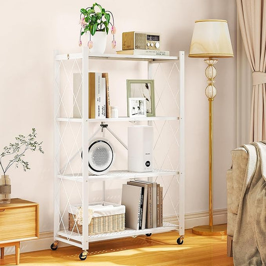 4-Tier Folding Metal Storage Shelf with Wheels, No Assembly Organizer Rack, Heavy Duty Collapsible Shelving Unit for Garage, Kitchen, Basement, Pantry, Living Room(New Upgrade - White, 4 Tier)